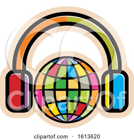 Clipart of a Colorful Globe Wearing Headphones - Royalty Free Vector Illustration by Lal Perera