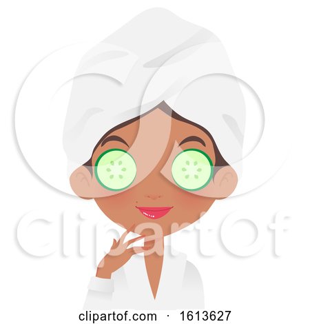 Clipart of a Black Girl Wearing a Cucumber Mask and a Spa Robe and Towel on Her Head - Royalty Free Vector Illustration by Melisende Vector