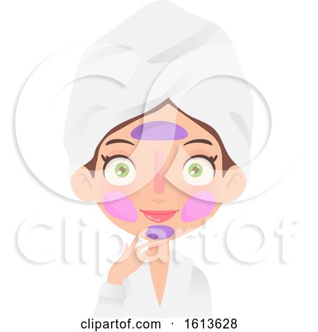 Clipart of a Green Eyed Brunette White Girl with a Face Mask On, Wearing a Spa Robe and Towel on Her Head - Royalty Free Vector Illustration by Melisende Vector