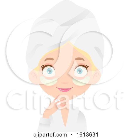 Clipart of a Blue Eyed Blond White Girl with an Eye Mask On, Wearing a Spa Robe and Towel on Her Head - Royalty Free Vector Illustration by Melisende Vector