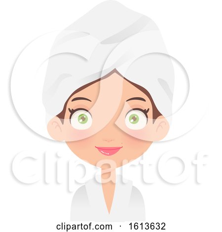 Clipart of a Green Eyed Brunette White Girl Wearing a Spa Robe and Towel on Her Head - Royalty Free Vector Illustration by Melisende Vector