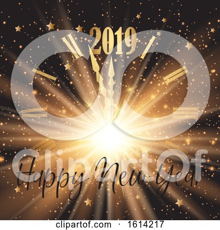 Happy New Year Background with Clock Face and Firework Effect by KJ Pargeter