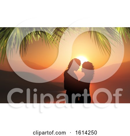 3D Silhouette of a Loving Couple Against a Tropical Sunset Landscape by KJ Pargeter