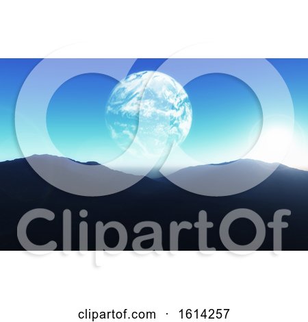 3D Science Fiction Background with Planet Earth About Mountain Landscape by KJ Pargeter