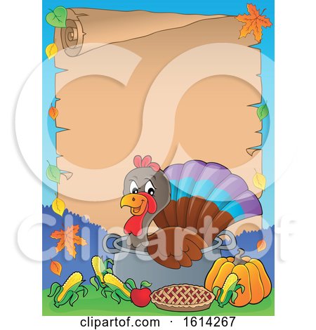 Clipart of a Scroll Border of a Turkey Bird in a Pot with Foods - Royalty Free Vector Illustration by visekart
