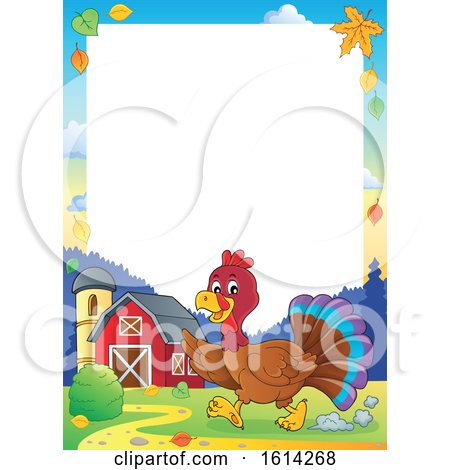 Clipart of a Border of a Running Turkey Bird Through a Barnyard - Royalty Free Vector Illustration by visekart