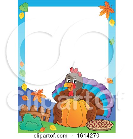 Clipart of a Border of a Turkey Bird Hugging a Pumpkin - Royalty Free Vector Illustration by visekart