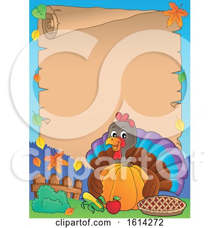Clipart of a Scroll Border of a Turkey Bird Hugging a Pumpkin - Royalty Free Vector Illustration by visekart