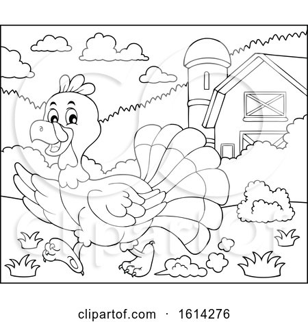 Clipart of a Lineart Running Turkey Bird Through a Barnyard - Royalty Free Vector Illustration by visekart