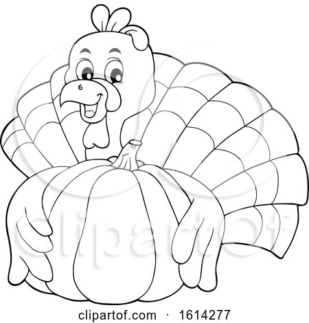 Clipart of a Lineart Turkey Bird Hugging a Pumpkin - Royalty Free Vector Illustration by visekart