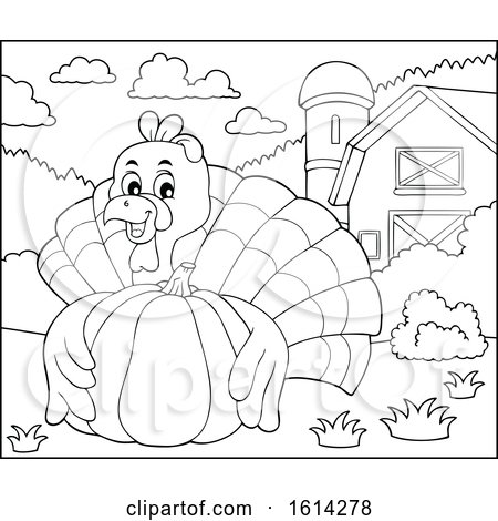 Clipart of a Lineart Turkey Bird Hugging a Pumpkin in a Barnyard - Royalty Free Vector Illustration by visekart