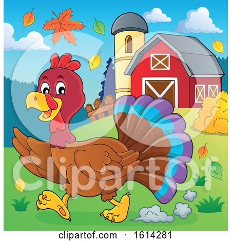Clipart of a Running Turkey Bird Through a Barnyard - Royalty Free Vector Illustration by visekart