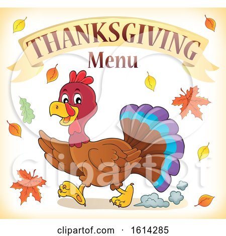 Clipart of a Running Turkey Bird Under Thanksgiving Menu Text - Royalty Free Vector Illustration by visekart
