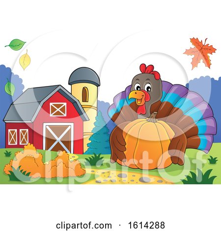Clipart of a Turkey Bird Hugging a Pumpkin in a Barnyard - Royalty Free Vector Illustration by visekart