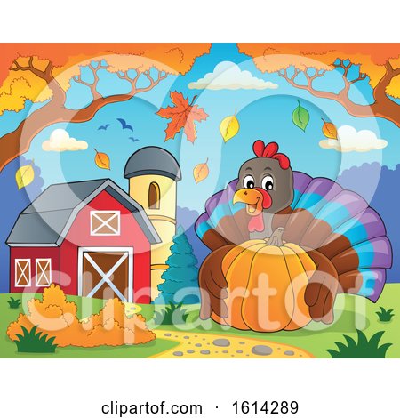 Clipart of a Turkey Bird Hugging a Pumpkin in a Barnyard - Royalty Free Vector Illustration by visekart