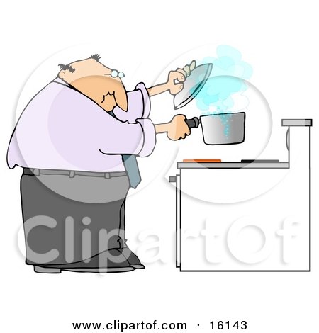 Man Trying To Cook Food In A Pot On A Stove And Watching As The Pot Boils Over Clipart Illustration by djart