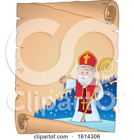 Clipart of Saint Nicholas Waving on a Scroll Border - Royalty Free Vector Illustration by visekart