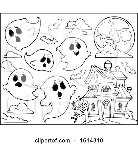 Clipart of a Haunted House and Ghosts - Royalty Free Vector Illustration by visekart