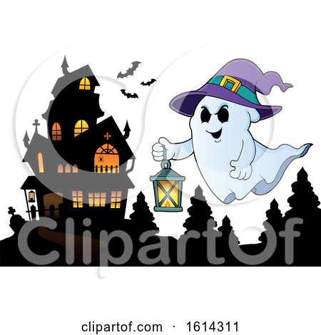 Clipart of a Haunted House and Ghost - Royalty Free Vector Illustration by visekart