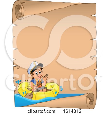 Clipart of a Boy Rowing a Boat on a Parchment Scroll - Royalty Free Vector Illustration by visekart