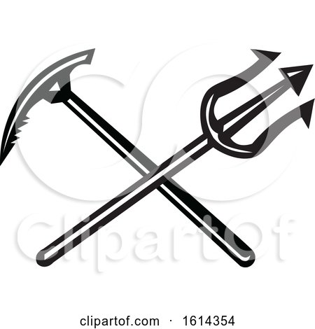 Clipart of a Black and White Crossed Mountain Axe and Trident - Royalty Free Vector Illustration by patrimonio