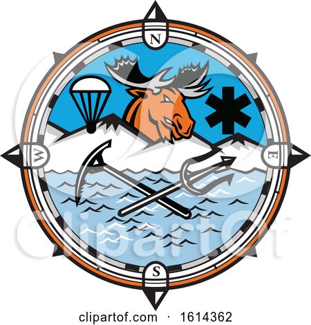 Clipart of a Moose Mascot Inside Compass Land, Sea and Air Emergency Rescue Design - Royalty Free Vector Illustration by patrimonio