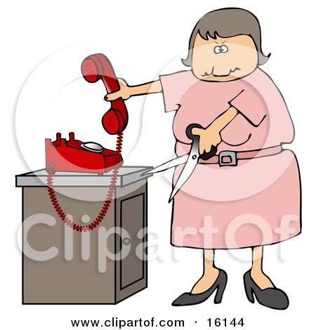 Angry Woman In Pink, Cutting The Cord To Her Landline Phone Clipart Illustration by djart
