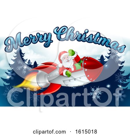 Santa Claus Rocket Merry Christmas Forest Cartoon by AtStockIllustration