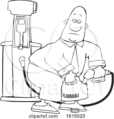 Clipart of a Cartoon Lineart Black Business Man Pumping Gasoline into a Gas Can - Royalty Free Vector Illustration by djart