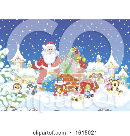 Clipart of a Snowy Christmas Eve Roof Top with Santa and Toys - Royalty Free Vector Illustration by Alex Bannykh