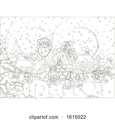 Clipart of a Lineart Snowy Christmas Eve Roof Top with Santa and Toys - Royalty Free Vector Illustration by Alex Bannykh
