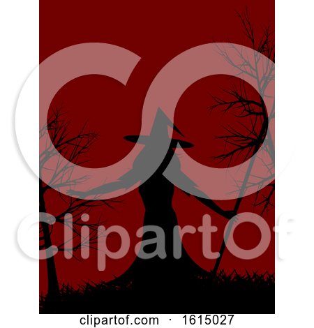 Halloween Red Background with Silhouette of a Witch with Hat and Creepy Trees by elaineitalia