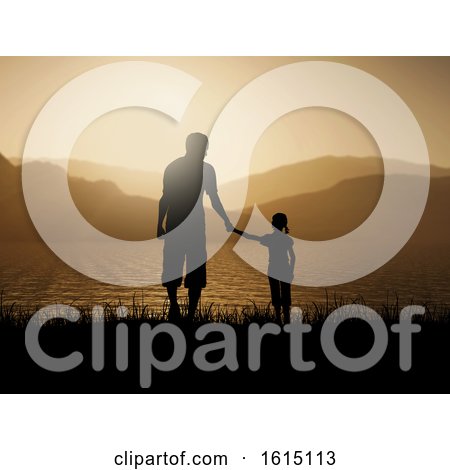 3D Silhouette of Father and Daughter Against a Sunset Ocean Landscape by KJ Pargeter