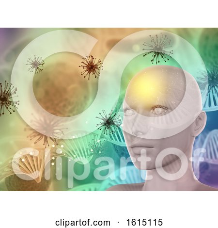3D Abstract Medical Background with Female Face, Virus Cells and DNA Strands by KJ Pargeter
