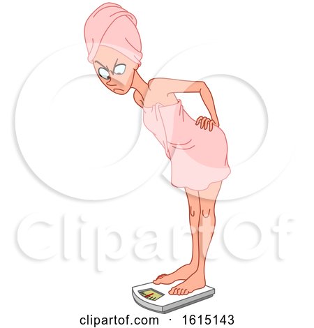 Clipart of a Cartoon White Woman Angrily Standing on a Scale - Royalty Free Vector Illustration by yayayoyo