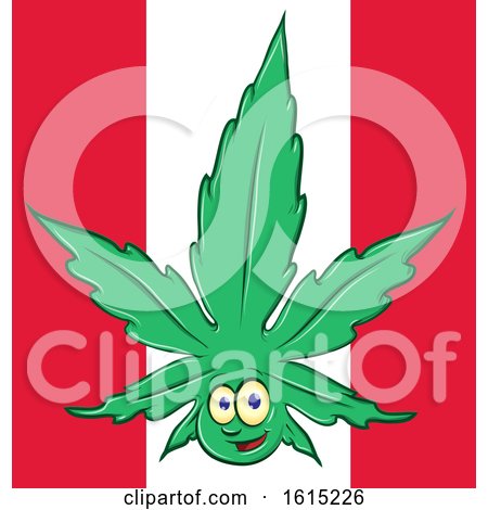 Clipart of a Pot Leaf Mascot over a Canadian Flag - Royalty Free Vector Illustration by Domenico Condello
