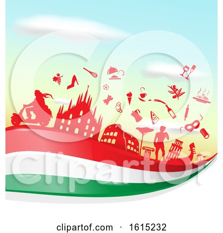 Clipart of a Silhouetted Icons on an Italian Flag Against Sky - Royalty Free Vector Illustration by Domenico Condello