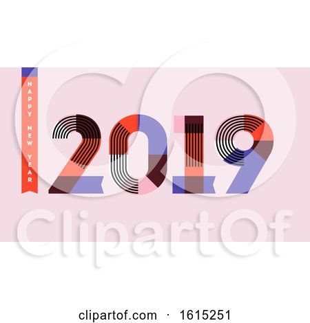 Multicolor Numbers 2019 with Stripes and Happy New Year Greetings on Pink Background by elena