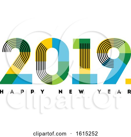 Multicolor Numbers 2019 with Stripes and Happy New Year Greetings Isolated on White Background by elena