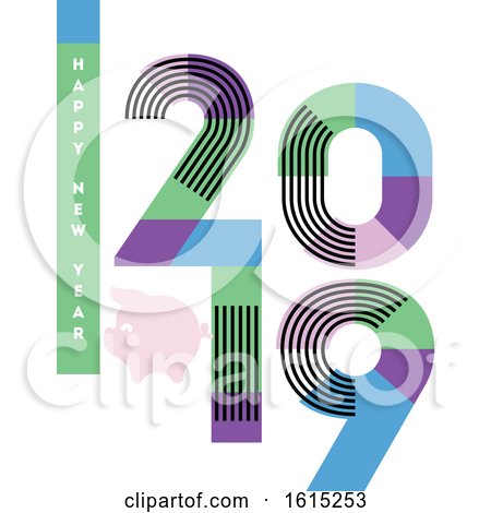 Happy New Year Greeting Card with Multicolor Numbers 2019 with Stripes and Cute Pig Isolated on White Background by elena