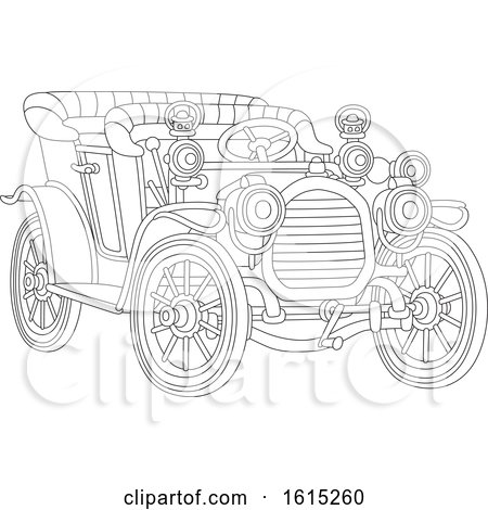 Clipart of a Black and White Antique Convertible Car - Royalty Free Vector Illustration by Alex Bannykh