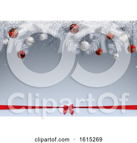 Clipart of a Christmas Background with White Branches, Snow and Baubles over a Bow - Royalty Free Vector Illustration by dero