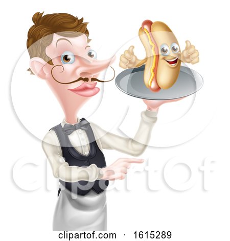 Cartoon Hotdog Waiter Butler Pointing by AtStockIllustration