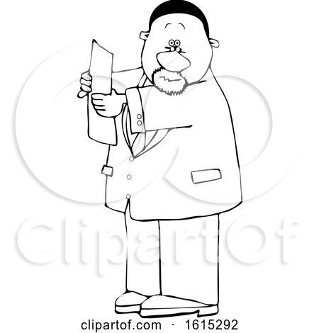 Clipart of a Cartoon Lineart Black Business Man Reading a Paper - Royalty Free Vector Illustration by djart