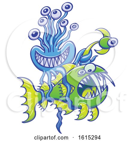Clipart of a Ellyfish Catching a Deep See Angler Fish - Royalty Free Vector Illustration by Zooco