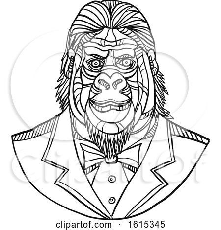 Clipart of a Black and White Sketched Bust of a Gorilla Wearing a Tuxedo - Royalty Free Vector Illustration by patrimonio