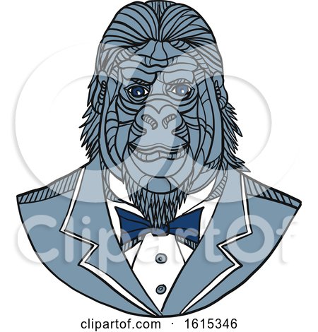 Clipart of a Sketched Bust of a Gorilla Wearing a Tuxedo - Royalty Free Vector Illustration by patrimonio