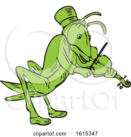 Clipart of a Sketched Grasshopper Fiddler Playing a Violin - Royalty Free Vector Illustration by patrimonio