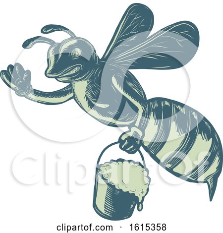 Clipart of a Scratchboard Style Honey Bee Waving and Flying with a Pail - Royalty Free Vector Illustration by patrimonio