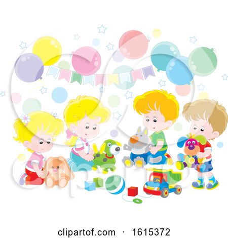 Clipart of a Birthday Party with Balloons and Children Playing with Toys - Royalty Free Vector Illustration by Alex Bannykh